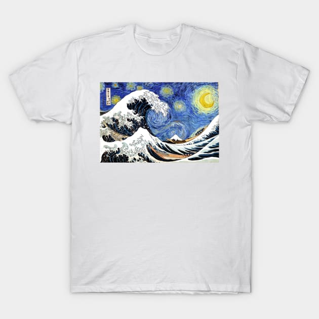 Iconic Katsushika Hokusai Vincent van Gogh Starry Night Wave of Kanagawa T-Shirt by pdpress